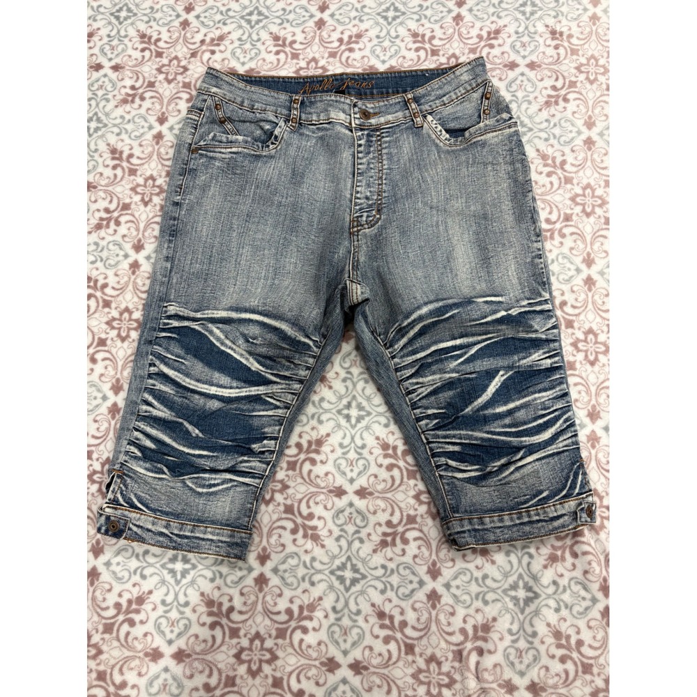 Apollo Jeans Womens Capri Denim Pants Medium Wash Studded Whiskered Size 13/14